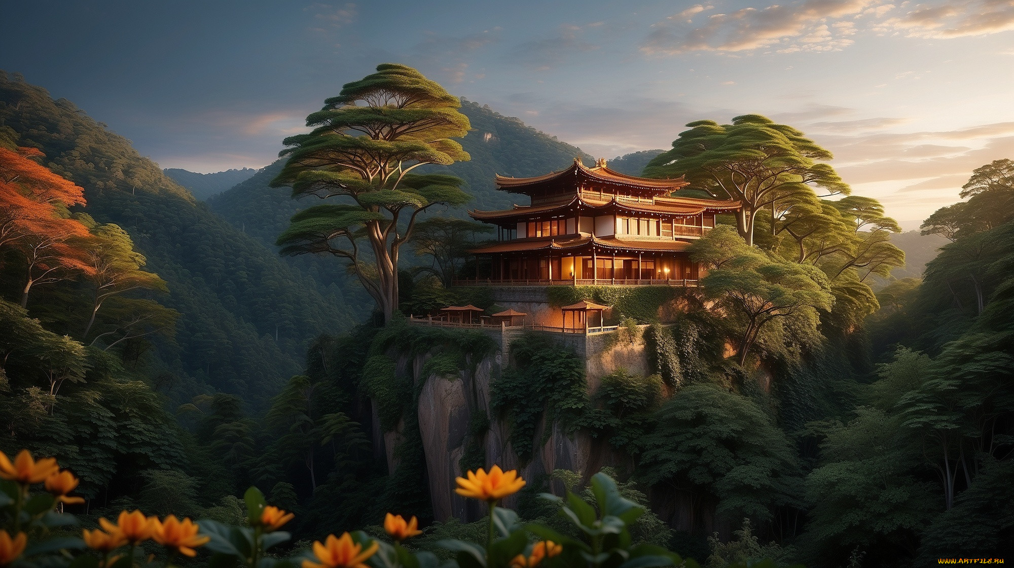 3 ,  , nature, house, trees, mountains, artwork, chinese, architecture